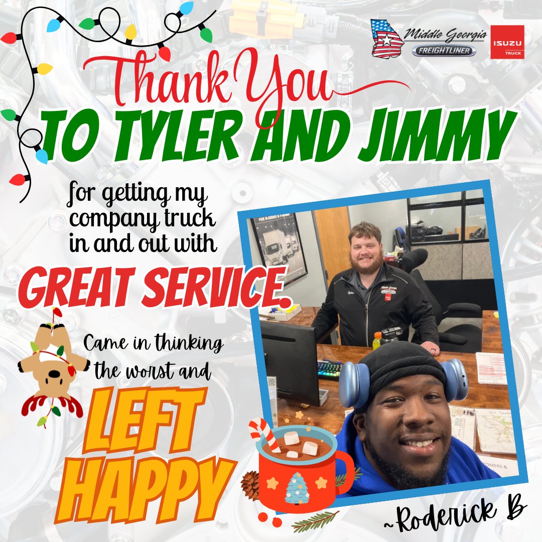 Such a blessing when our customers love the dedication and care of our team as much as we do!! ⭐️
Thank you, Roderick B! 🔧
“Thank you to Tyler and Jimmy for getting my company truck in and out with great service. Came in thinking the worst and left happy 😊”
 478-788-4601 ☎️