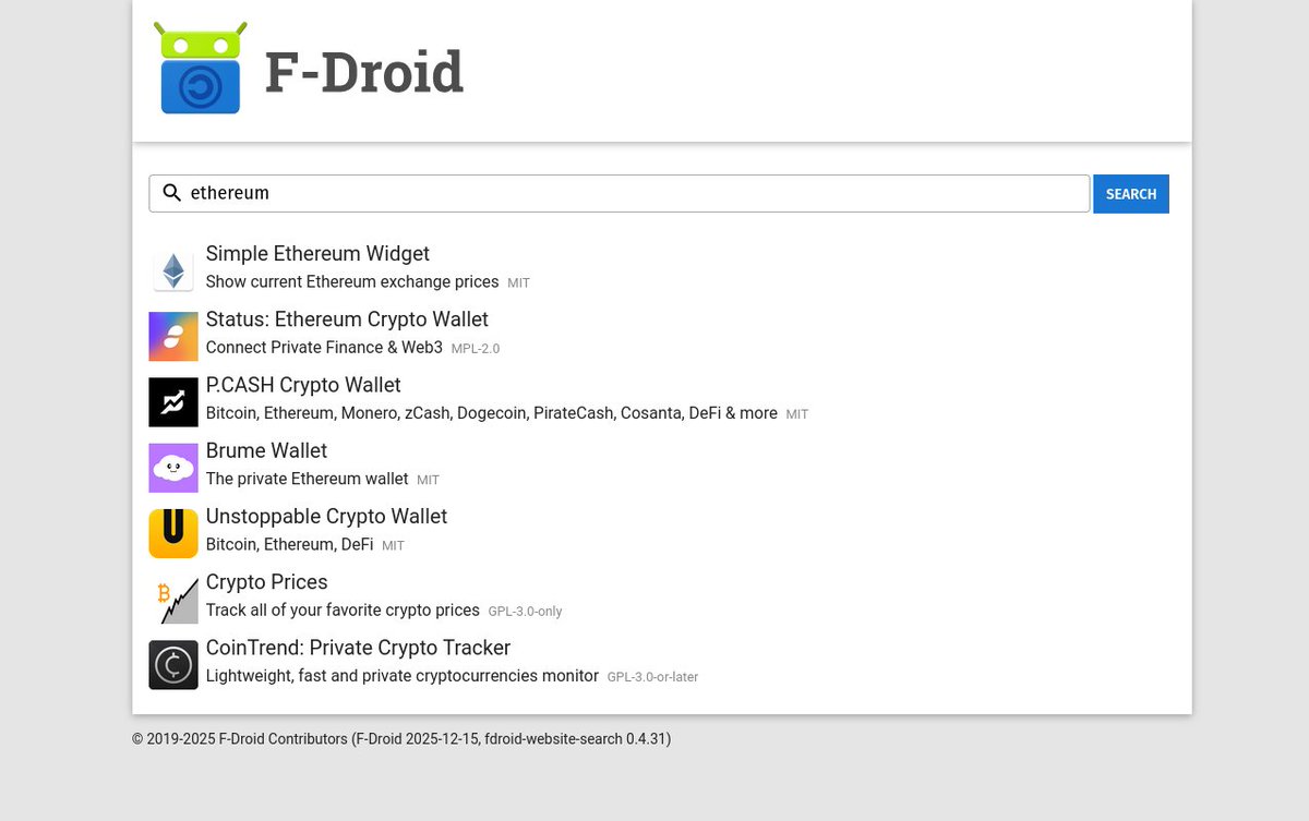 C'est vraiment dommage qu'il n'y ait même pas quelques portefeuilles Ethereum disponibles sur F-Droid 🥲
Un grand merc