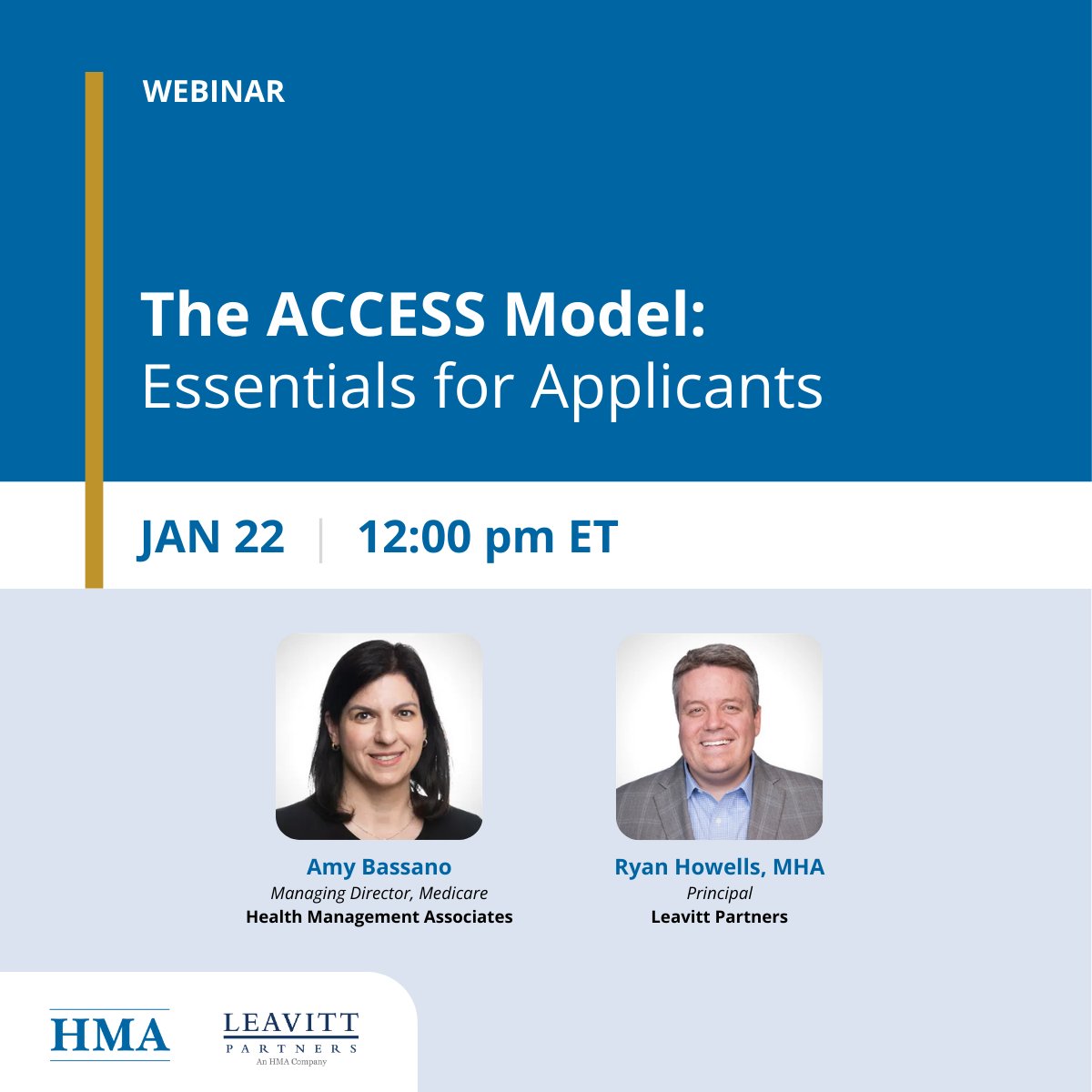 HMAConsultants's tweet photo. Join HMA &amp; @LeavittPartners on Jan. 22, 12pm ET for a webinar on CMS’s ACCESS model—modernizing chronic care with tech &amp; digital health. Learn about new payment pathways, clinical tracks, and direct enrollment. Get ready for the upcoming RFA! Register: https://t.co/d8QGzkHj2l https://t.co/ushqP6MFlx
