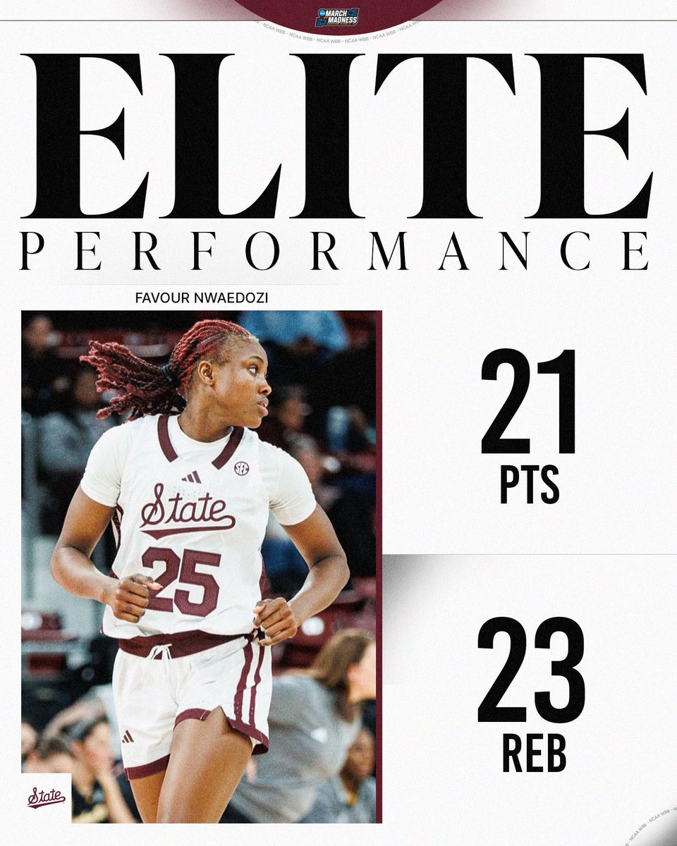 A CAREER HIGH NIGHT FOR FAVOUR NWAEDOZI‼️

Favour Nwaedozi recorded only the third 20 PTS/ 20 REB game performance of this DI women’s basketball season.

#NCAAWBB x <a href="/HailStateWBK/">Mississippi State Women's Basketball</a>