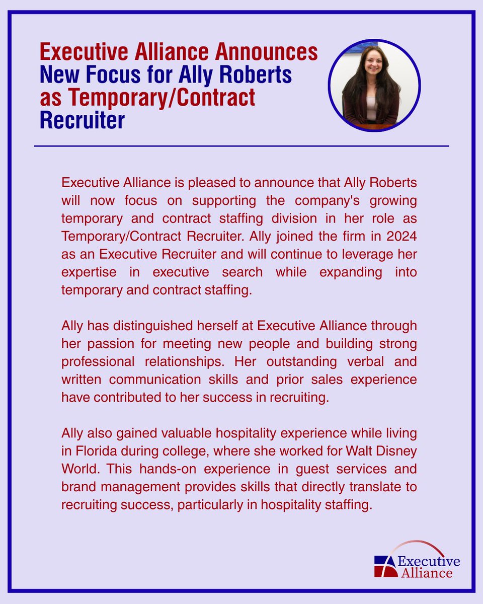 Executive Alliance is proud to highlight Ally Roberts, who now focuses on supporting our temporary and contract staffing division. 

If you are in need of temporary or contract staffing, please contact Ally Roberts by phone at 631-493-0518 or by email at ally@execsallied.com.