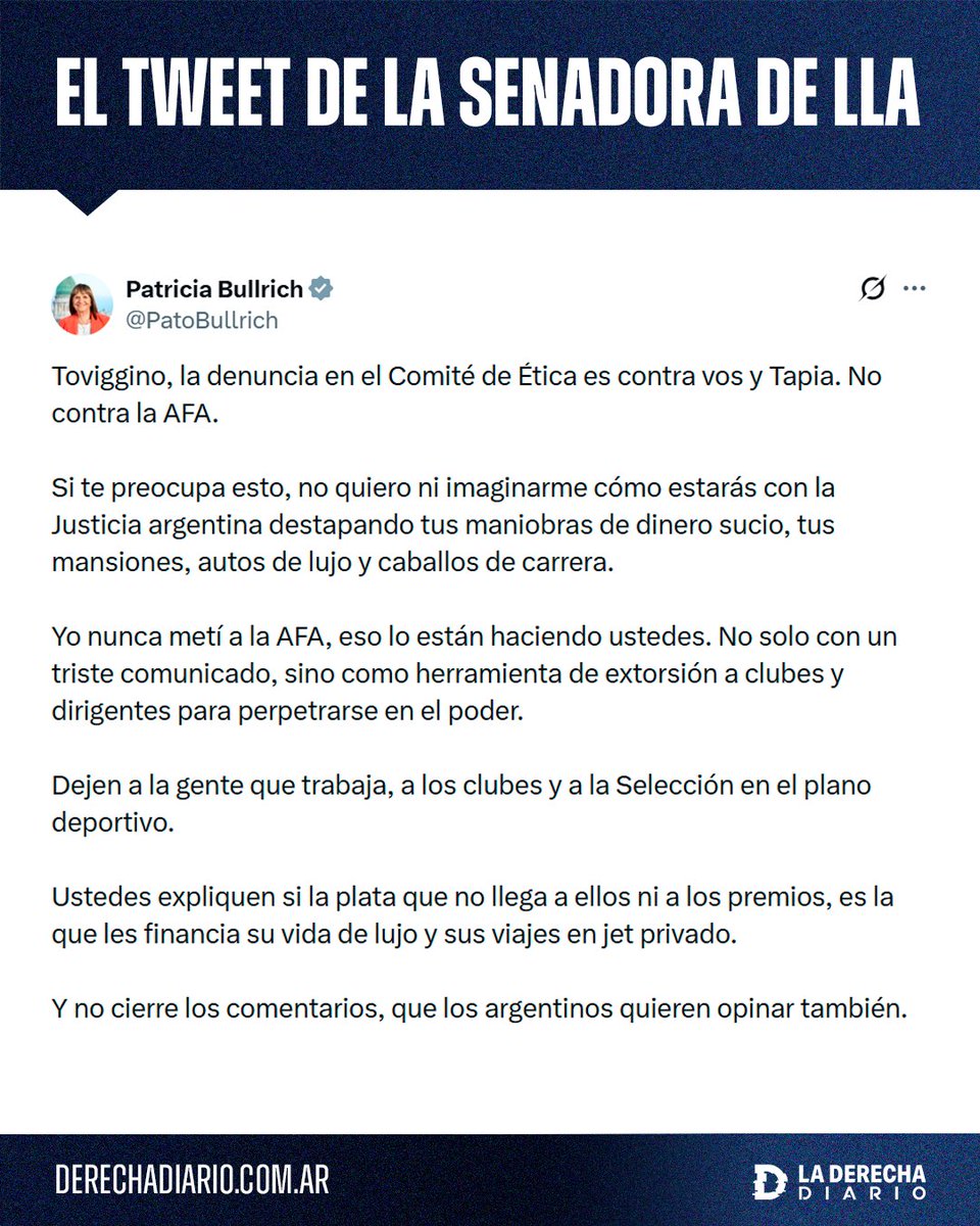 🚨🇦🇷 | #URGENTE Bullrich humilló a Toviggino: "La denuncia en el Comité de Ética es contra vos y Tapia. No contra la AFA. Si te preocupa esto, no quiero ni imaginarme cómo estarás con la Justicia destapando tu dinero sucio, tus mansiones, autos de lujo y caballos de carrera".