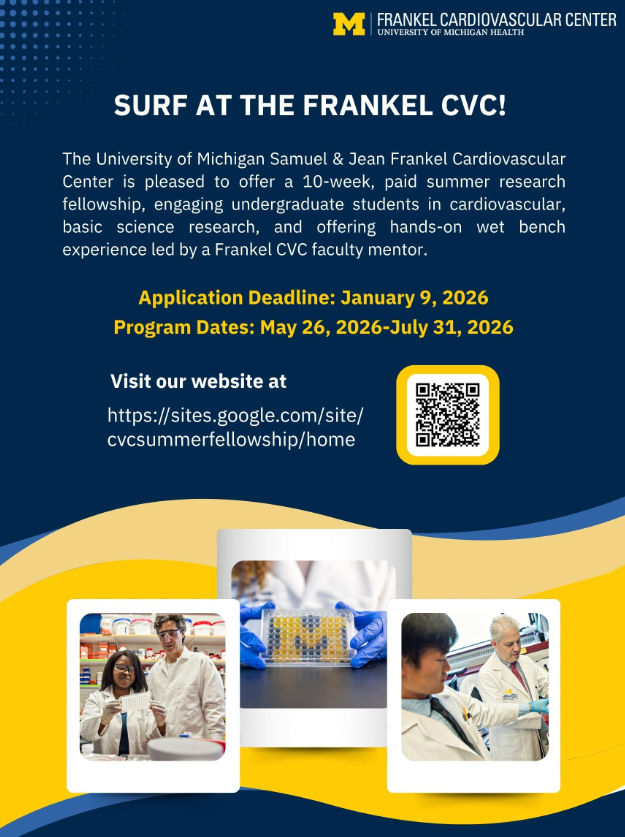 If you are an undergrad looking for a summer research experience, apply to the <a href="/umichcvc/">U-M Health Frankel CVC</a> <a href="/AHA_Research/">AHA Research</a> SURF Program for a paid 10 week experience doing laboratory research on cardiovascular disease with a faculty mentor at <a href="/umichmedicine/">Michigan Medicine</a>.  Deadline Jan 9. sites.google.com/site/cvcsummer…