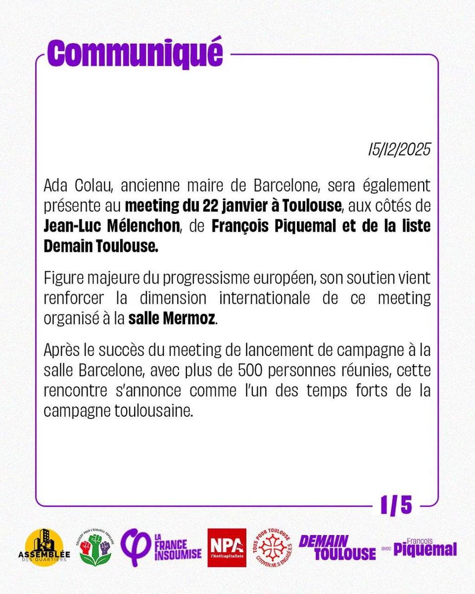 FraPiquemal's tweet photo. Quel bonheur de recevoir Ada Colau le 22 janvier prochain avec Jean-Luc Melenchon ! 

De Toulouse à Barcelone nous allons faire vivre la gauche solide sur ses appuis! https://t.co/P92vBTSxkw
