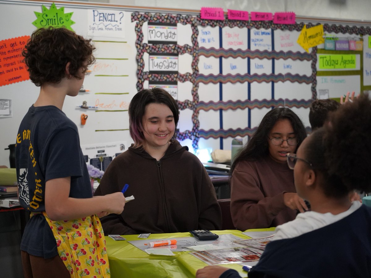 Ms. Myers' class at WL transformed into a restaurant for a math lesson on % ! Students practiced analyzing &amp; solving percent problems by role playing as servers &amp; patrons. They calculated total cost with tax, tip &amp; more -- What a fun chance to practice these useful math skills🍽️