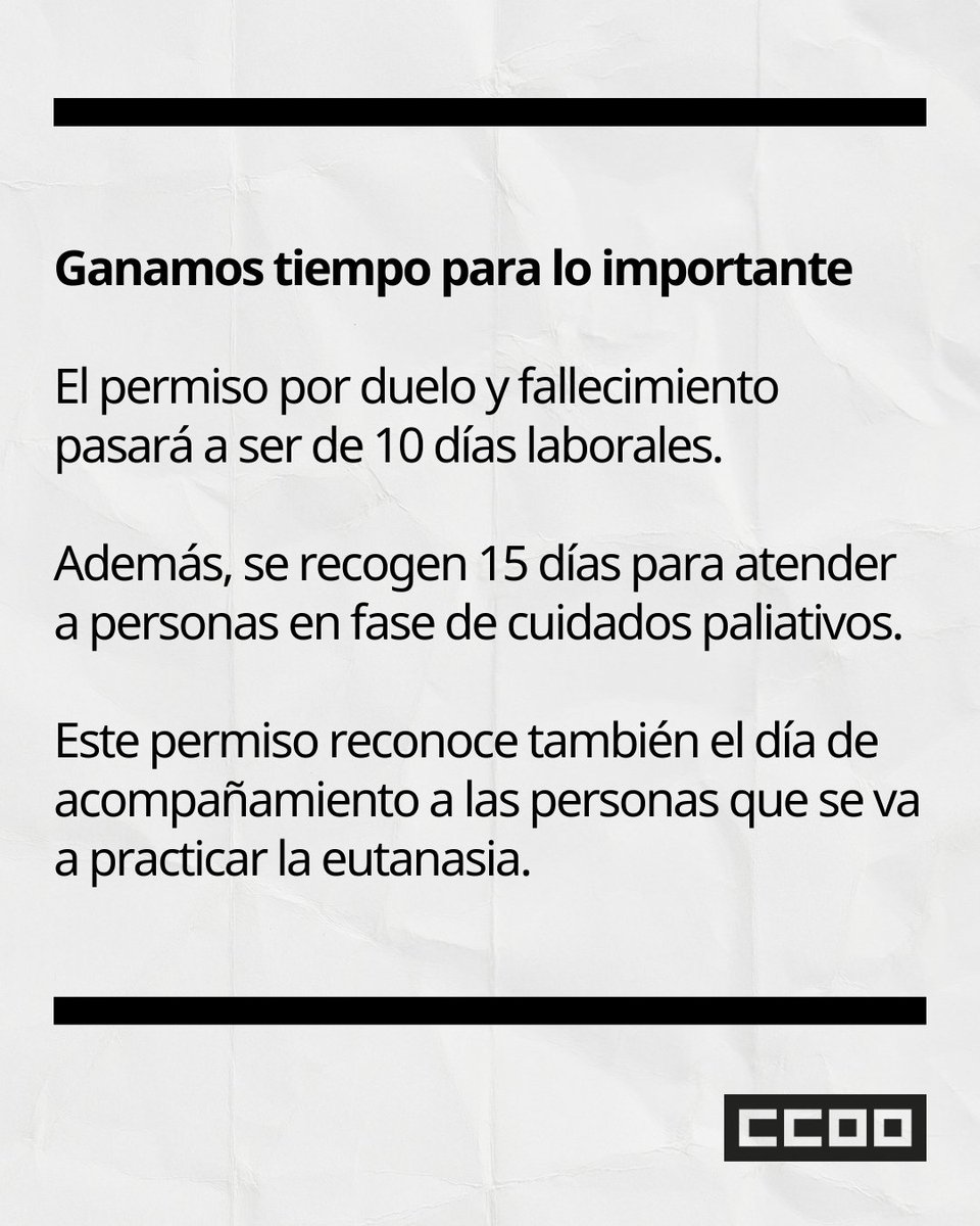 🫂Cuando la vida golpea, el trabajo no puede mirar hacia otro lado.

Hemos conseguido ampliar el permiso por duelo y fallecimiento para que las personas trabajadoras tengan tiempo para cuidar, acompañar y parar cuando más lo necesitan.
Serán 10 días laborales de permiso,
15 días