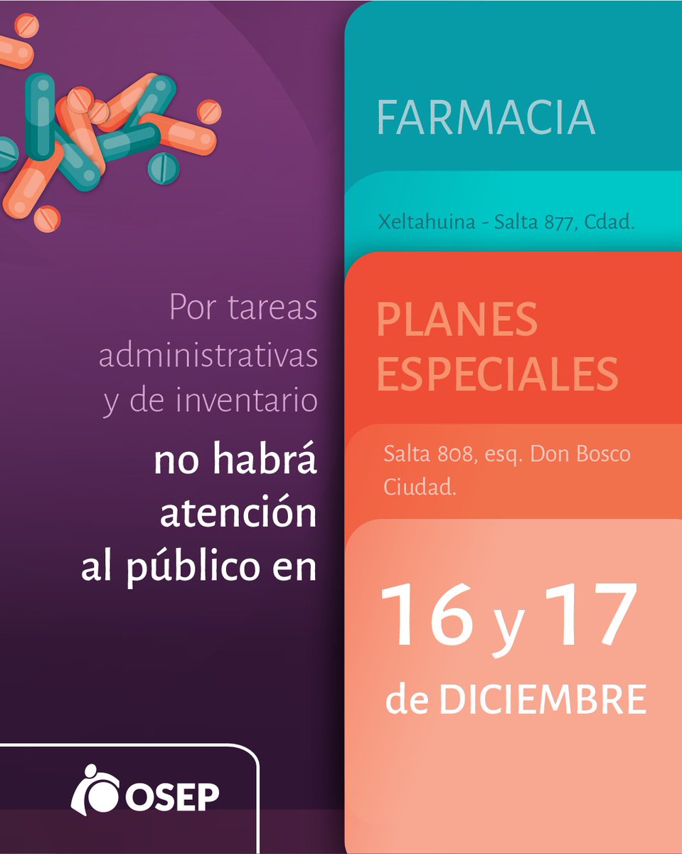 IMPORTANTE☝
Para todos los afiliados que asisten a las áreas de Planes Especiales o Farmacia, se informa que los días 16 y 17 de diciembre no habrá atención al público por tareas habituales de inventario.
#Ciudad