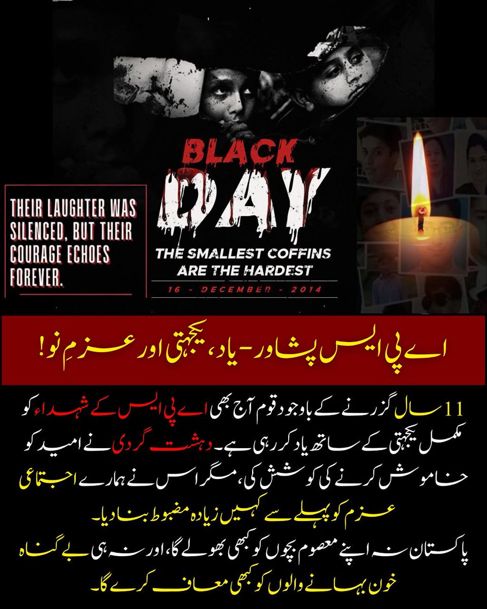 ZaraBugti's tweet photo. گیارہ سال گزرنے کے باوجود قوم آج بھی اے پی ایس کے شہداء کو دل و جان سے یاد کرتی ہے۔ دہشت گردی نے امید کو دبانے کی کوشش کی، مگر اس نے ہمارا عزم اور مضبوط کیا۔ پاکستان اپنے معصوم بچوں کو کبھی نہیں بھولے گا اور قاتلوں کو کبھی معاف نہیں کرے گا۔
#APSMartyrs
#NeverForgetAPS
#APSAttack https://t.co/7CswDLbhNC