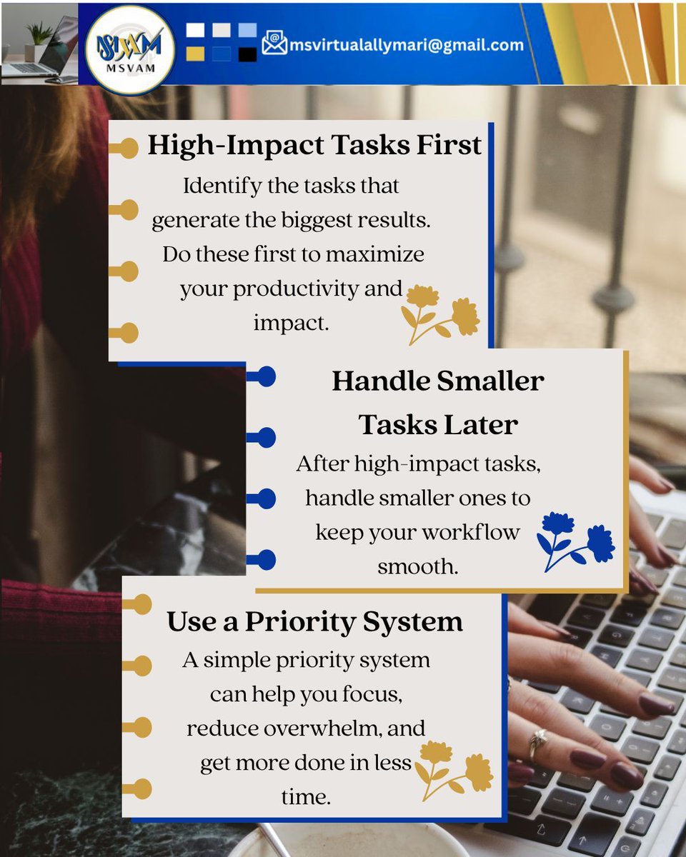 Basco_Marilyn13's tweet image. Focus on high-impact tasks first to boost productivity and minimize stress. Begin your week working smarter, not harder! 

#VASystems #TaskManagement #ProductivityHacks #TimeManagement