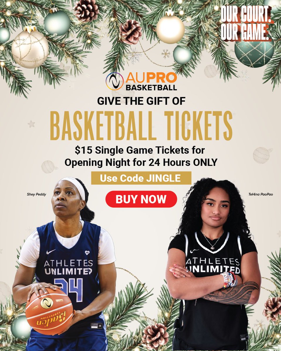 AUProBasketball's tweet photo. Give the gift of AU Pro Basketball this holiday season 🎄

Use code “JINGLE” to score discounted single-game tickets for Opening Night!

⏰ 24 hours only—don’t miss out! https://t.co/2HylNFuHnI