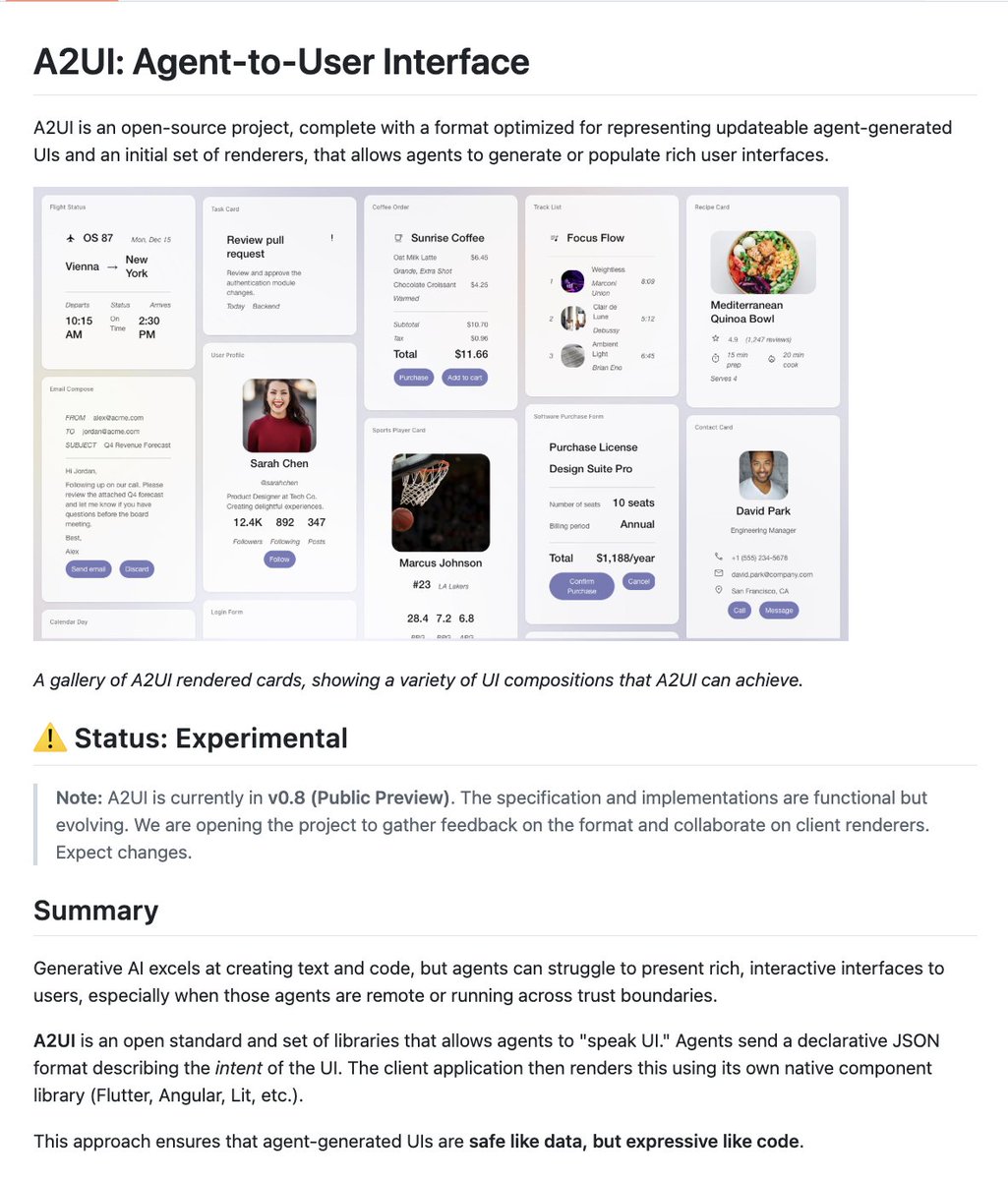 Google just opensourced Agent-to-User Interface (A2UI).

AI Agents can now generate native, interactive UIs on the fly.

Works with React, Flutter, SwiftUI, and any framework.

100% Opensource.