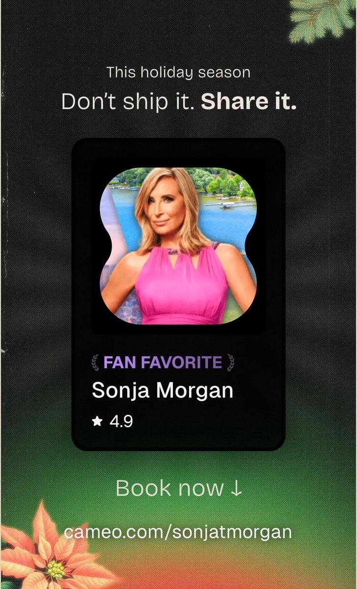 SonjatMorgan's tweet image. Get your bestie a personal video this holiday 

Now 20% OFF 🎄❤️😉 

🔗 cameo.com/sonjatmorgan 
#PepTalk #WordsOfWisdom #GiftIdea #Wedding #Graduate #RHONY #Sonja #Cameo