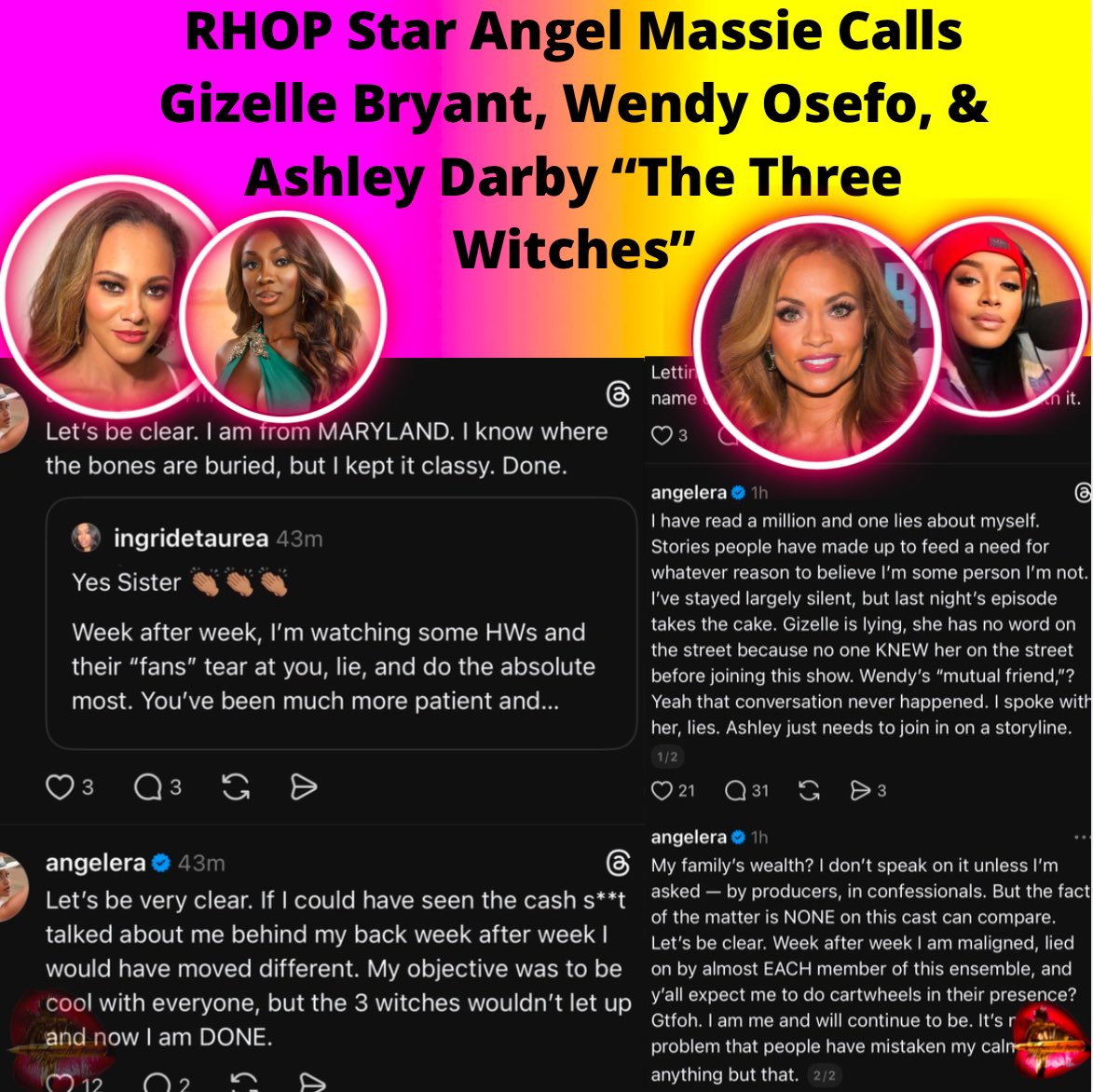 baddietvv's tweet image. RHOP Star Angel Massie Calls Gizelle Bryant, Wendy Osefo, and Ashley Darby “The Three Witches”

Last night’s RHOP episode turned up the heat on Angel Massie as the cast confronted her about rumors surrounding her living situation. Some of the women suggested that Angel had been…