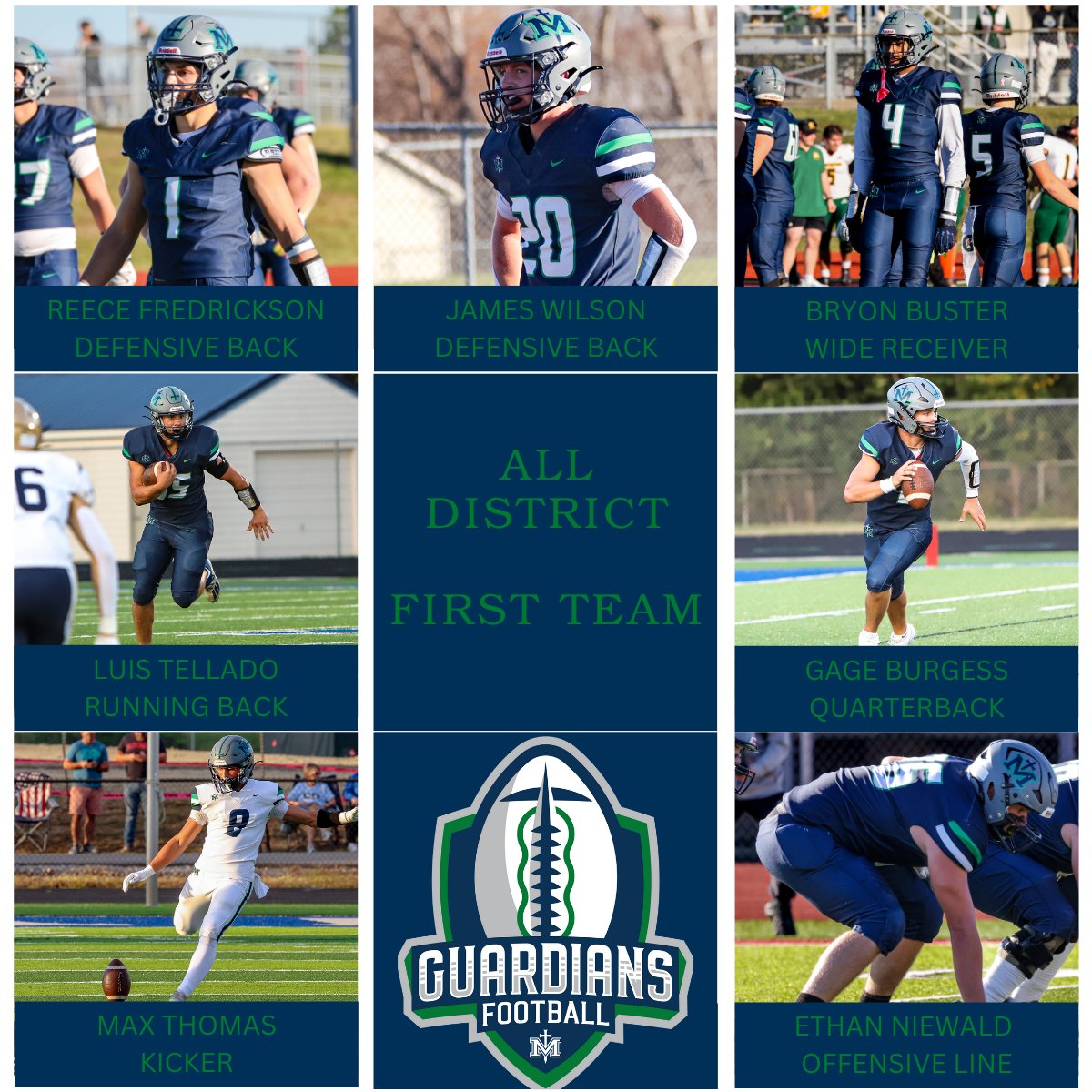 SMAGuardianFB's tweet image. Congrats to our All District First Team selections:

Reece Fredrickson - Defensive Back
James Wilson - Defensive Back
Bryon Buster - Wide Receiver
Luis Tellado - Running Back
Gage Burgess - Quarterback
Max Thomas - Kicker
Ethan Niewald - Offensive Line