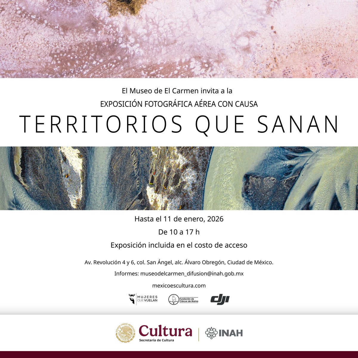 Territorios que sanan" reúne fotografías aéreas de 25 mujeres talentosas convocadas por Mujeres que Vuelan en colaboración con FUCAM.
Museo del Carmen
<a href="/museodeelcarmen/">Museo de El Carmen</a>
La exposición estará disponible hasta el 11 de enero de 2026 y exhibe 25 fotografías aéreas y 10 drones.