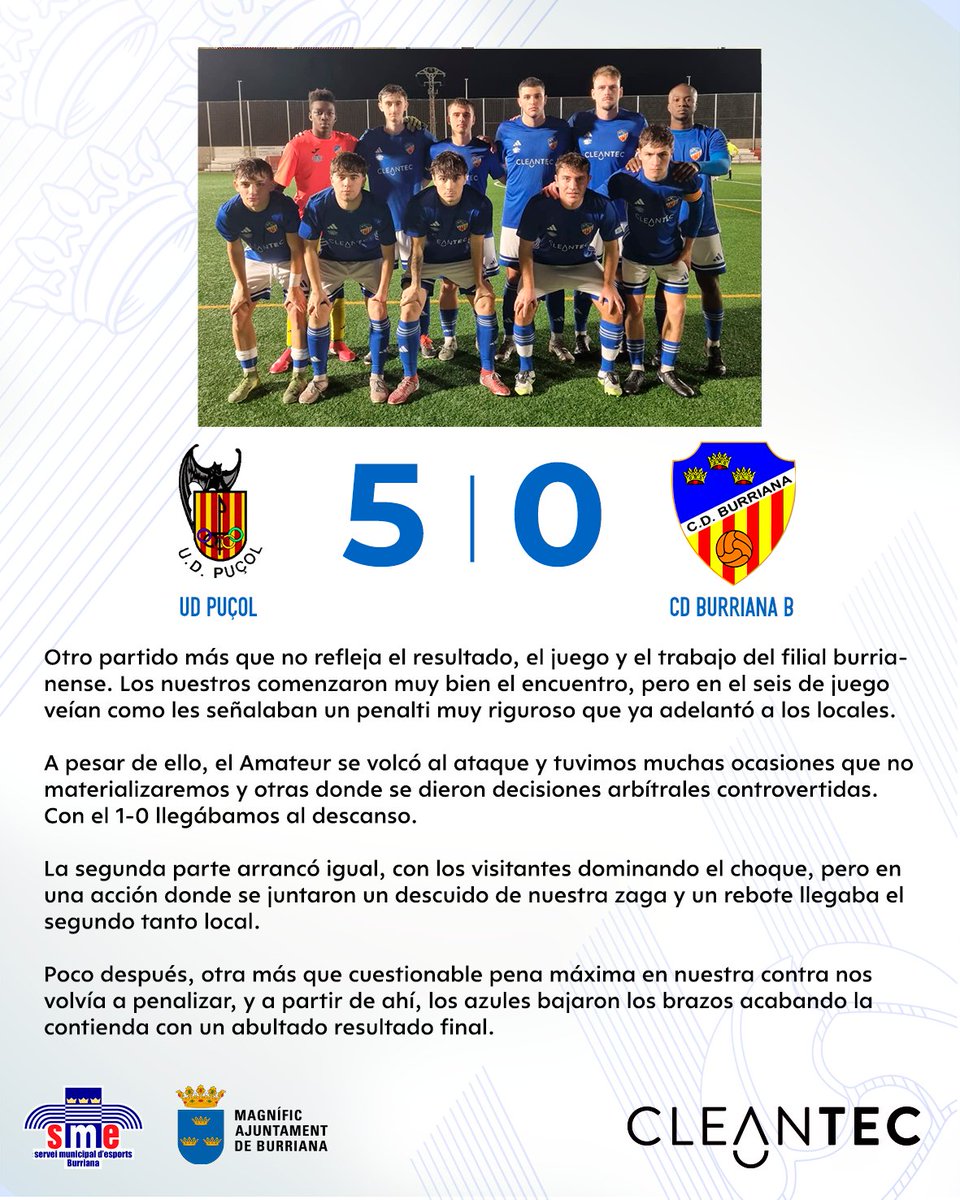 𝗥𝗘𝗦𝗨𝗟𝗧𝗔𝗗𝗢𝗦 𝗔𝗠𝗔𝗧𝗘𝗨𝗥𝗦. ⚽️💙

Sin jornada para el Femenino y sin suerte para el Amateur en el Pep Claramunt. 🥲

¡Pero este Burriana B lo seguirá intentando hasta el final! 💪🏻

#CanteraCDBurriana #ElBurrianaEsFaSentir