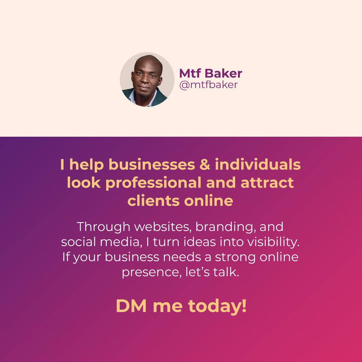 I help businesses and individuals look professional and attract clients online 🚀

Through websites, branding &amp; social media, I turn ideas into visibility.

If your business needs a strong online presence, 📩 DM me today.

#GraphicDesigner
#WebsiteDesigner
#SocialMediaManager