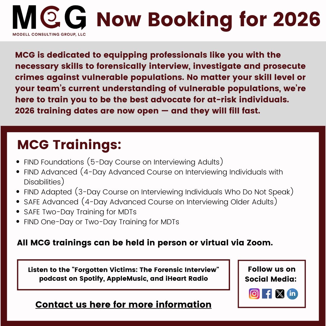 Modellconsult's tweet image. Don’t wait — 2026 MCG training dates are live!

Equip your team with the skills to interview, investigate, and advocate for vulnerable populations. Trainings are available in person or virtual. #MCGTrainings #FIND #SAFE #ForensicInterviewing