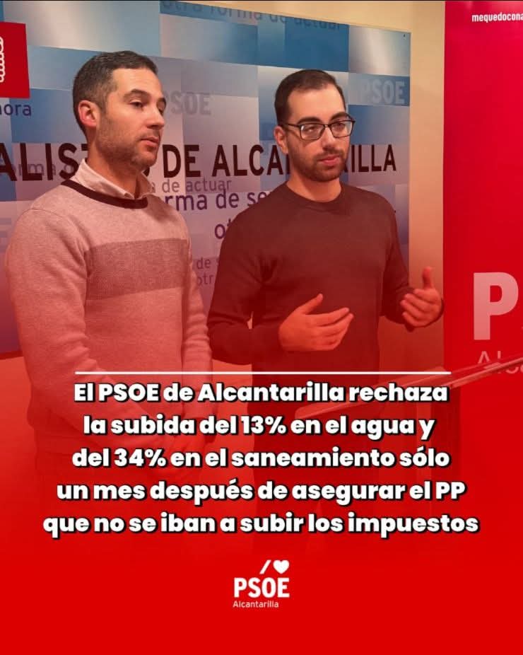 💧❌ El PP vuelve a engañar a los vecinos de Alcantarilla.

Hace solo un mes aseguraron que no subirían los impuestos y las tasas municipales y hoy proponen una subida del 13% en el agua y del 34% en el saneamiento.  

agrupacionespsoe.es/alcantarilla/e…