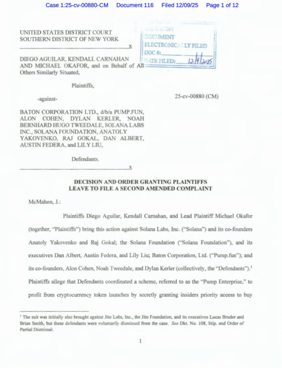 BurwickLaw's tweet image. Pumpdotfun &amp;amp; Solana lawsuit update:

Leave to amend (file new complaint) GRANTED

“What appeared to be a fair, automated marketplace was, Plaintiffs say, structurally tilted to extract value from ordinary users while rewarding those with privileged access to Solana's…