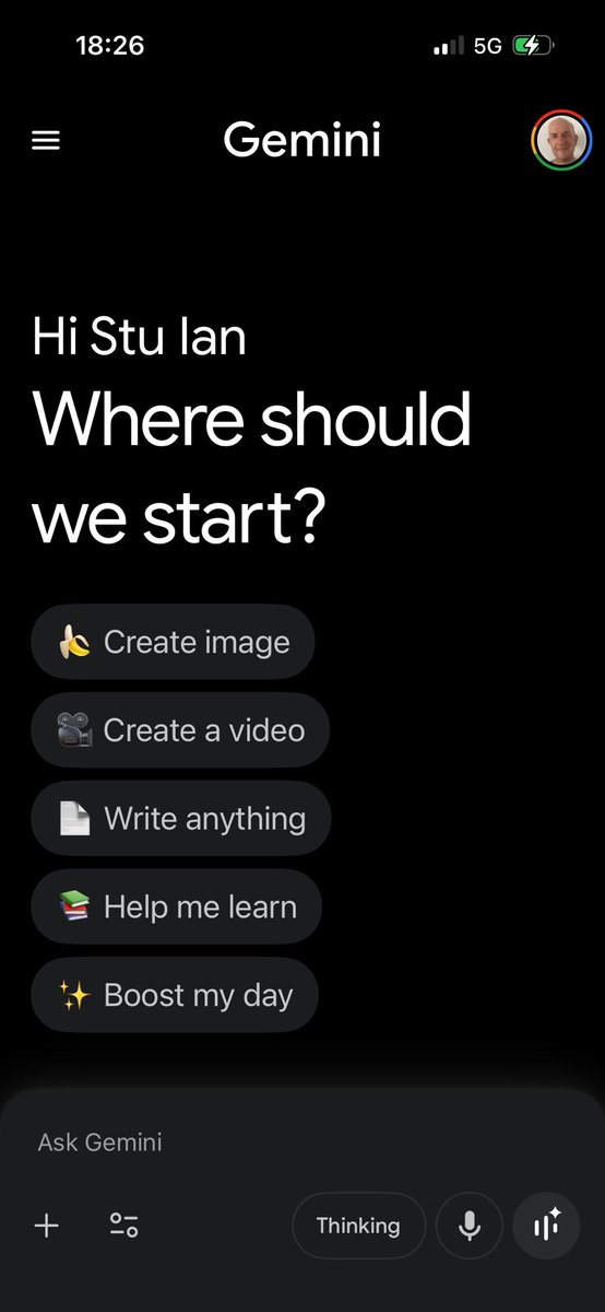 StuIanWood's tweet photo. @joshwoodward @demishassabis @GeminiApp Redesign Pro home/index page. Maybe an upper navigation for all these in-page options; Create an image... 

Don’t need them for pro users. 

Simple, clean, and uncluttered interface please. 🙏 https://t.co/dvFOrRyUkY