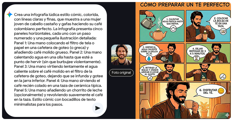 googleespanol's tweet photo. Con Gemini puedes convertir cualquier paso a paso en una infografía estilo cómic.

Solo activa la herramienta de crear imágenes, escribe el proceso que necesitas explicar y deja que Gemini lo convierta en una guía visual perfecta para compartir.

Comenta Gemini + lo que creaste👇