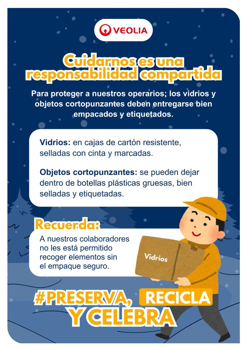 VeoliaSderCesar's tweet image. 📣🎄 #PreservaReciclaYCelebra

Festeja pero de forma responsable 😊🫶🏼… 

Los vidrios y objetos cortopunzantes deben ir bien empacados y etiquetados. Así nos ayudas a proteger a nuestros operarios.

Si no sabes cómo hacerlo, aquí te explicamos 👇🏼: