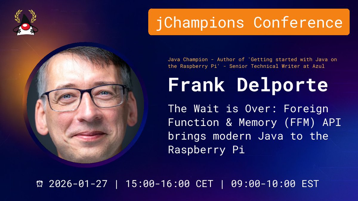 omniprof's tweet image. The online and free JChampions Conference is coming up on Jan 22, 23, 26, and 27. There will be 28 sessions for ALL Java developers presented by Java Champions.
jchampionsconf.com
youtube.com/@JChampionsCon…
Tickets from Eventbrite:  eventbrite.com/e/jchampions-c…