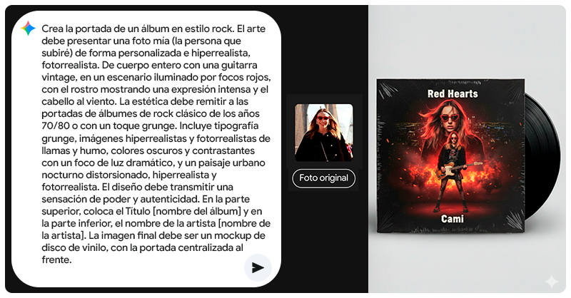 googleespanol's tweet photo. 🎸¿TÚ EN LA PORTADA DE UN DISCO? Gemini lo hace posible

GUARDA este PROMPT, sube tu foto y deja que Gemini te convierta en el protagonista de una portada rockera, con guitarra, luces dramáticas y todo el estilo retro

Personalízalo a tu gusto y muéstranos tu disco.