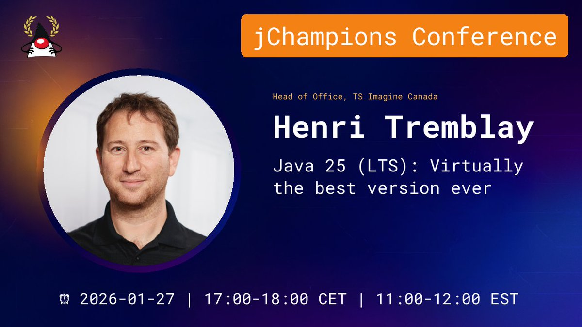 omniprof's tweet image. The online and free JChampions Conference is coming up on Jan 22, 23, 26, and 27. There will be 28 sessions for ALL Java developers presented by Java Champions.
jchampionsconf.com
youtube.com/@JChampionsCon…
Tickets from Eventbrite:  eventbrite.com/e/jchampions-c…