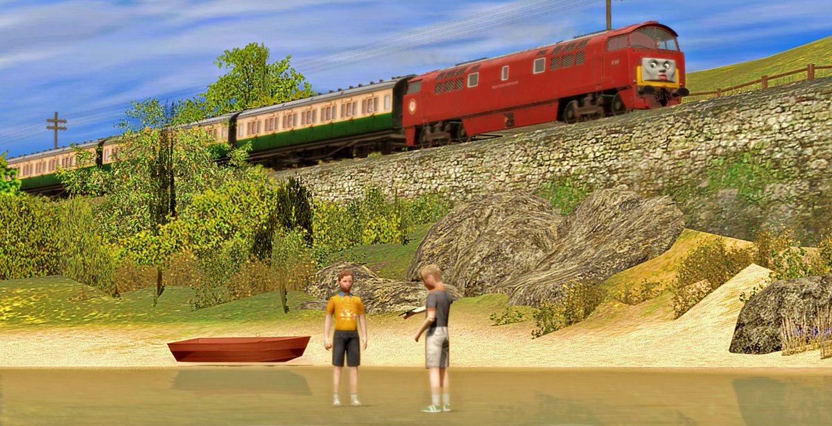 Subiboard's tweet image. Western Empress scrolled through the countryside when she saw two boys playing in a pond on the beach. She gave a friendly toot, and the boys waved back in return with a smile.