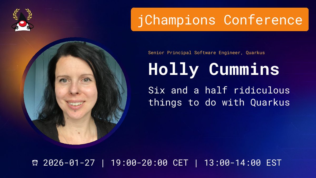 omniprof's tweet image. The online and free JChampions Conference is coming up on Jan 22, 23, 26, and 27. There will be 28 sessions for ALL Java developers presented by Java Champions.
jchampionsconf.com
youtube.com/@JChampionsCon…
Tickets from Eventbrite:  eventbrite.com/e/jchampions-c…