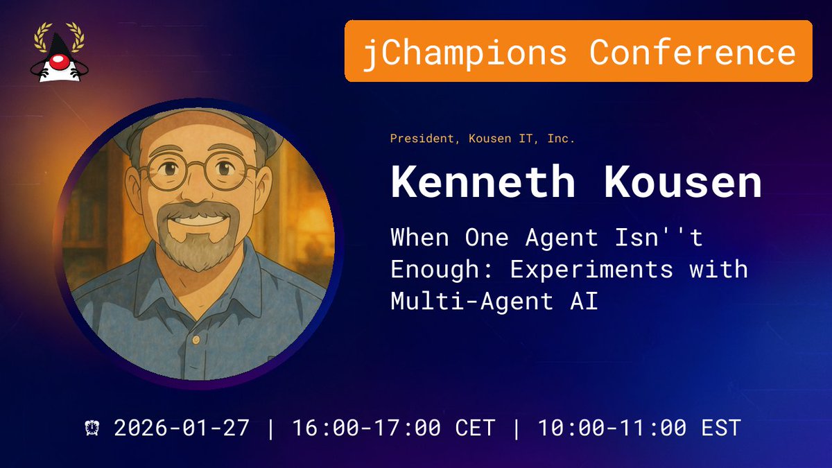 omniprof's tweet image. The online and free JChampions Conference is coming up on Jan 22, 23, 26, and 27. There will be 28 sessions for ALL Java developers presented by Java Champions.
jchampionsconf.com
youtube.com/@JChampionsCon…
Tickets from Eventbrite:  eventbrite.com/e/jchampions-c…