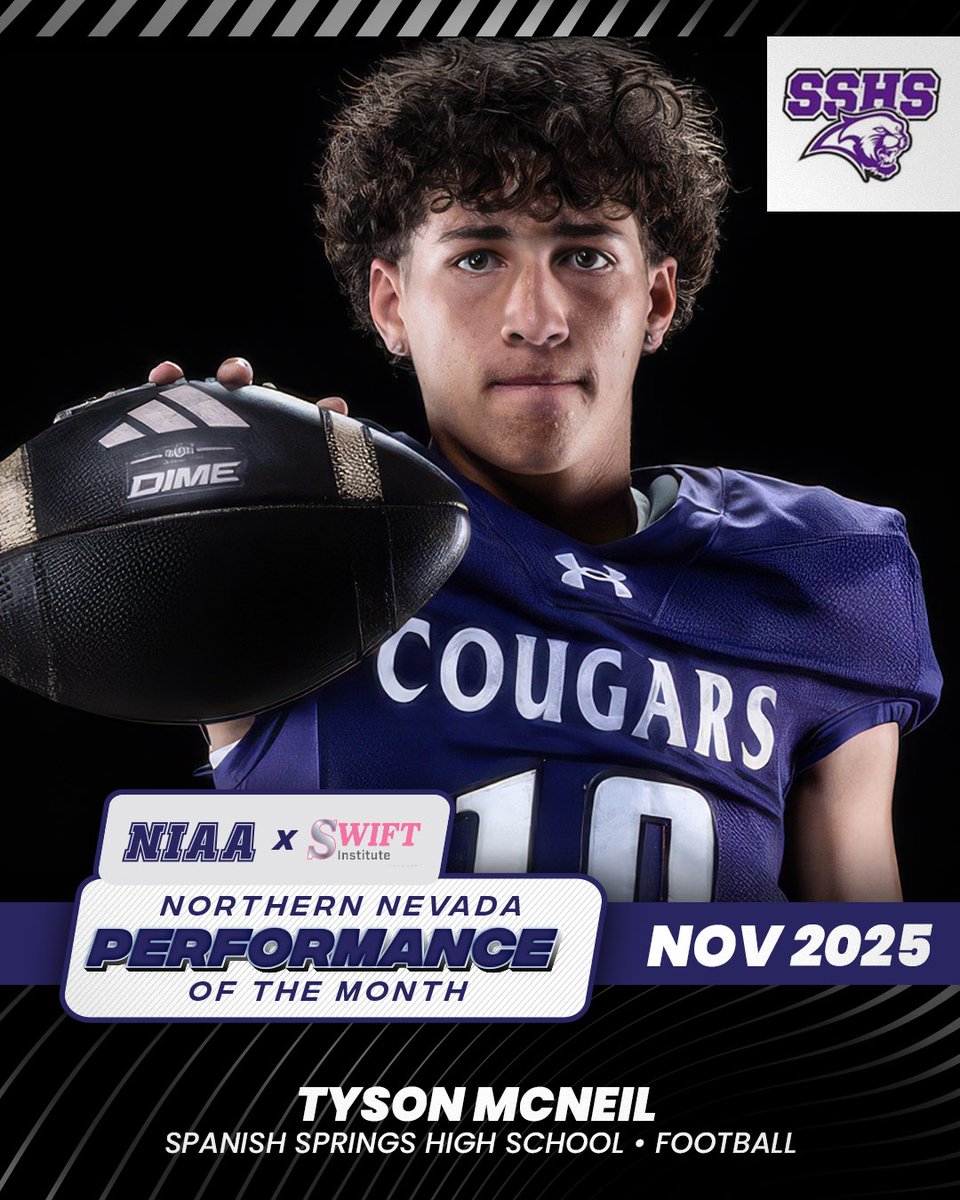 NIAASports's tweet image. Congratulations to Tyson McNeil from Spanish Springs High School on being selected for the NIAA x Swift Institute Northern Nevada Performance of the Month for November.  Tyson passed for 920 yds and 13 TD's in 3 games helping lead the Cougars to the 5A State Title
