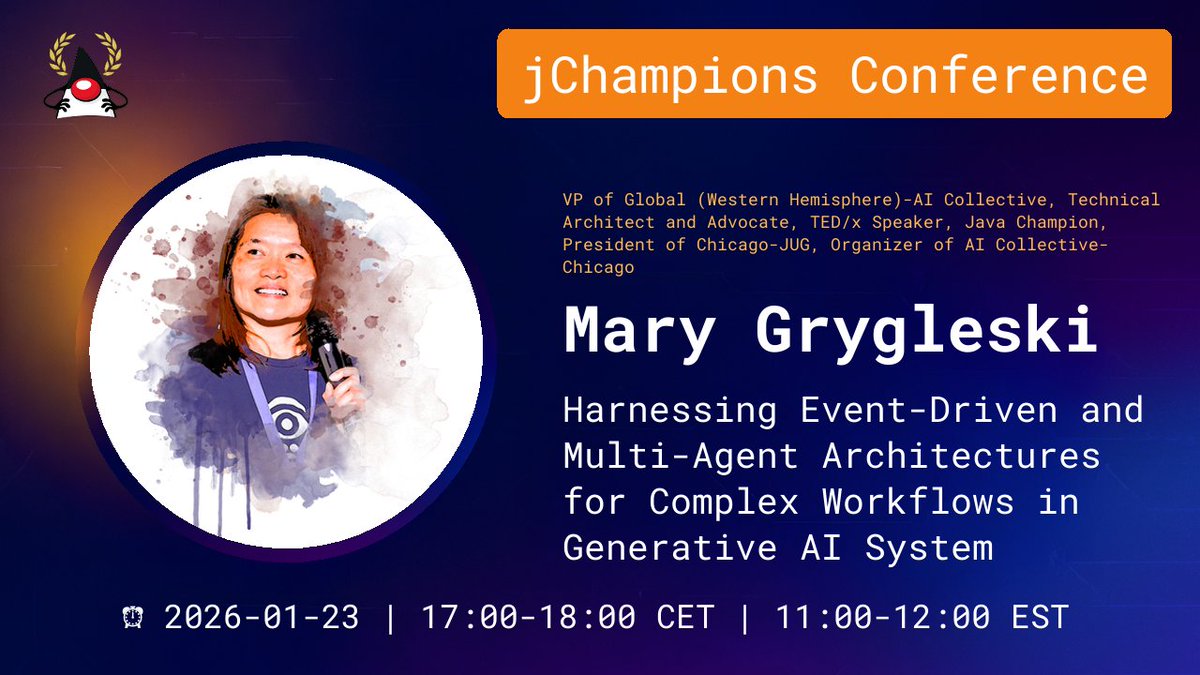 omniprof's tweet image. The online and free JChampions Conference is coming up on Jan 22, 23, 26, and 27. There will be 28 sessions for ALL Java developers presented by Java Champions.
jchampionsconf.com
youtube.com/@JChampionsCon…
Tickets from Eventbrite:  eventbrite.com/e/jchampions-c…