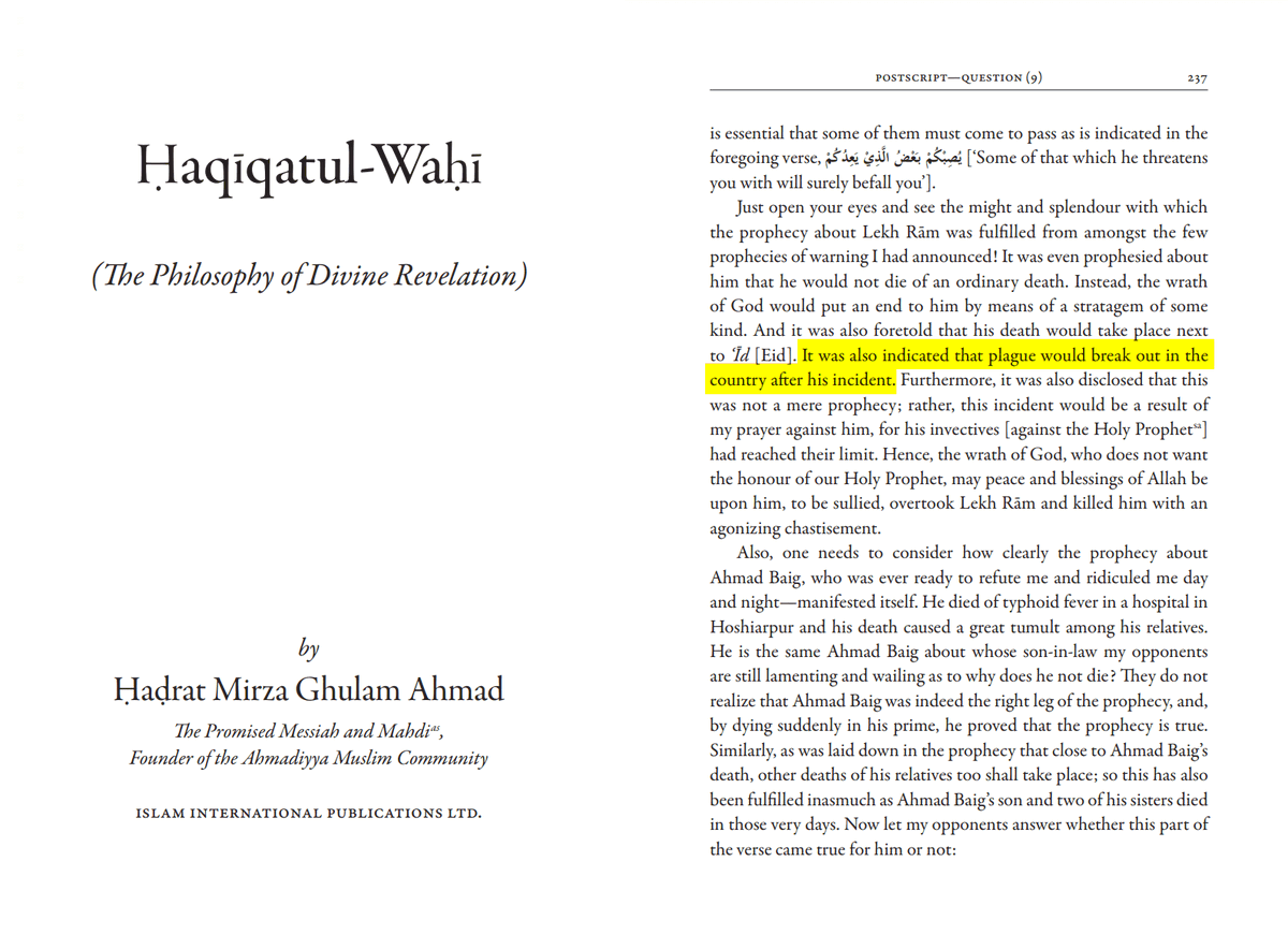 whiteminaret1's tweet image. 🧵 Sign of Messiah: Plague after Death of Lekh Ram

One of the revelations of Ahmad AS likened the destruction of Pundit Lekh Ram to the Calf of Samiri

Just as God sent plague to punish the people after the destruction of Calf, similarly, Plague came after the death of Lekh Ram