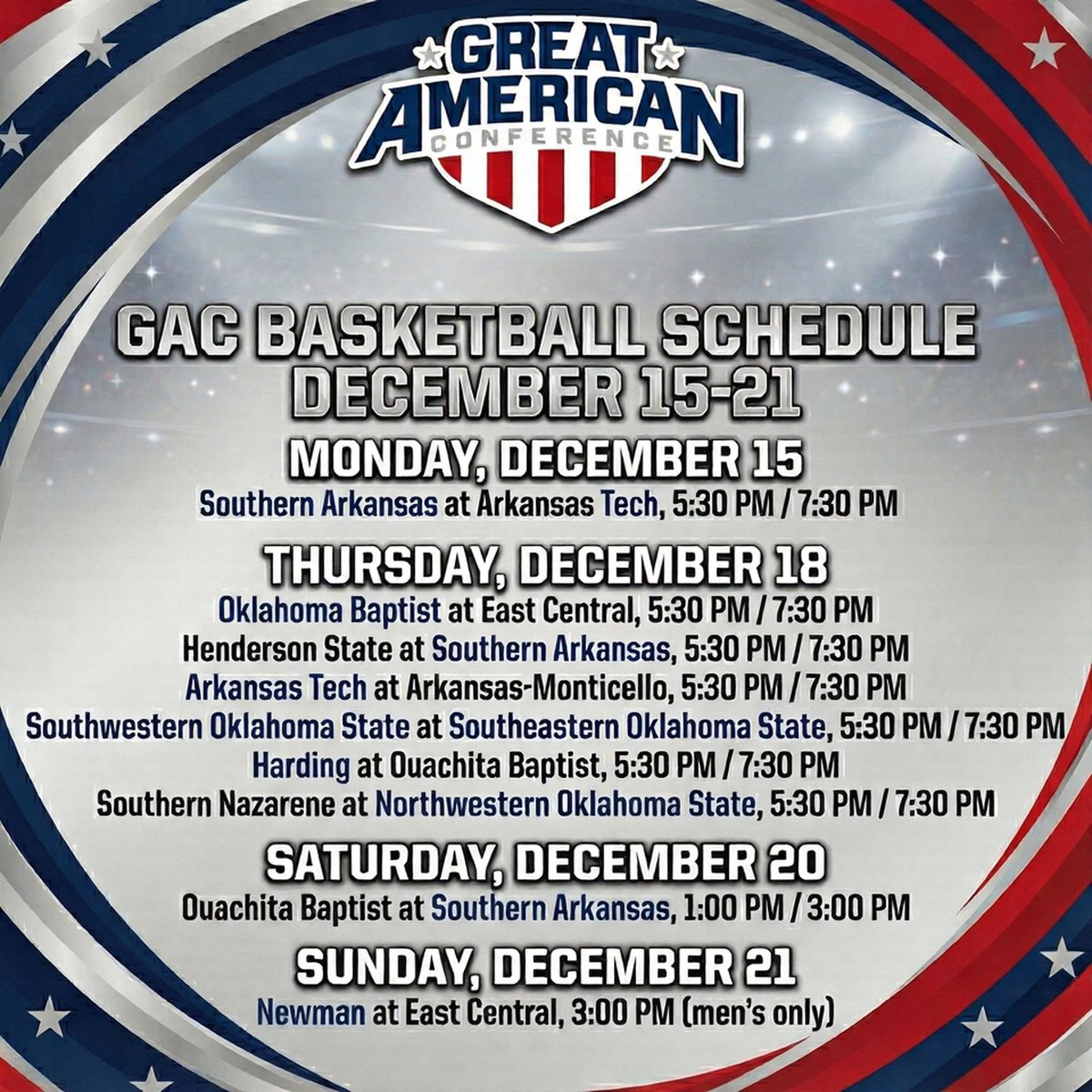 GAC_Commish's tweet image. ONE MORE WEEK of in-state rivalary hoops before the holiday break! 🏀🎄 

This schedule update is sponsored by our partners at Discover Fort Smith. It’s never too soon to start planning your Fort Smith adventure for the GAC Tournament this March!