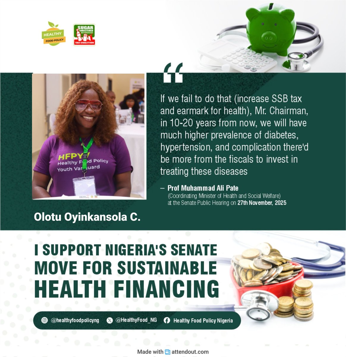 I support Nigeria's senate move for sustainable health financing
#SSBTaxSaves
#SSBTax
<a href="/CAPPAfrica/">C A P P A</a> @healthyfood_ng