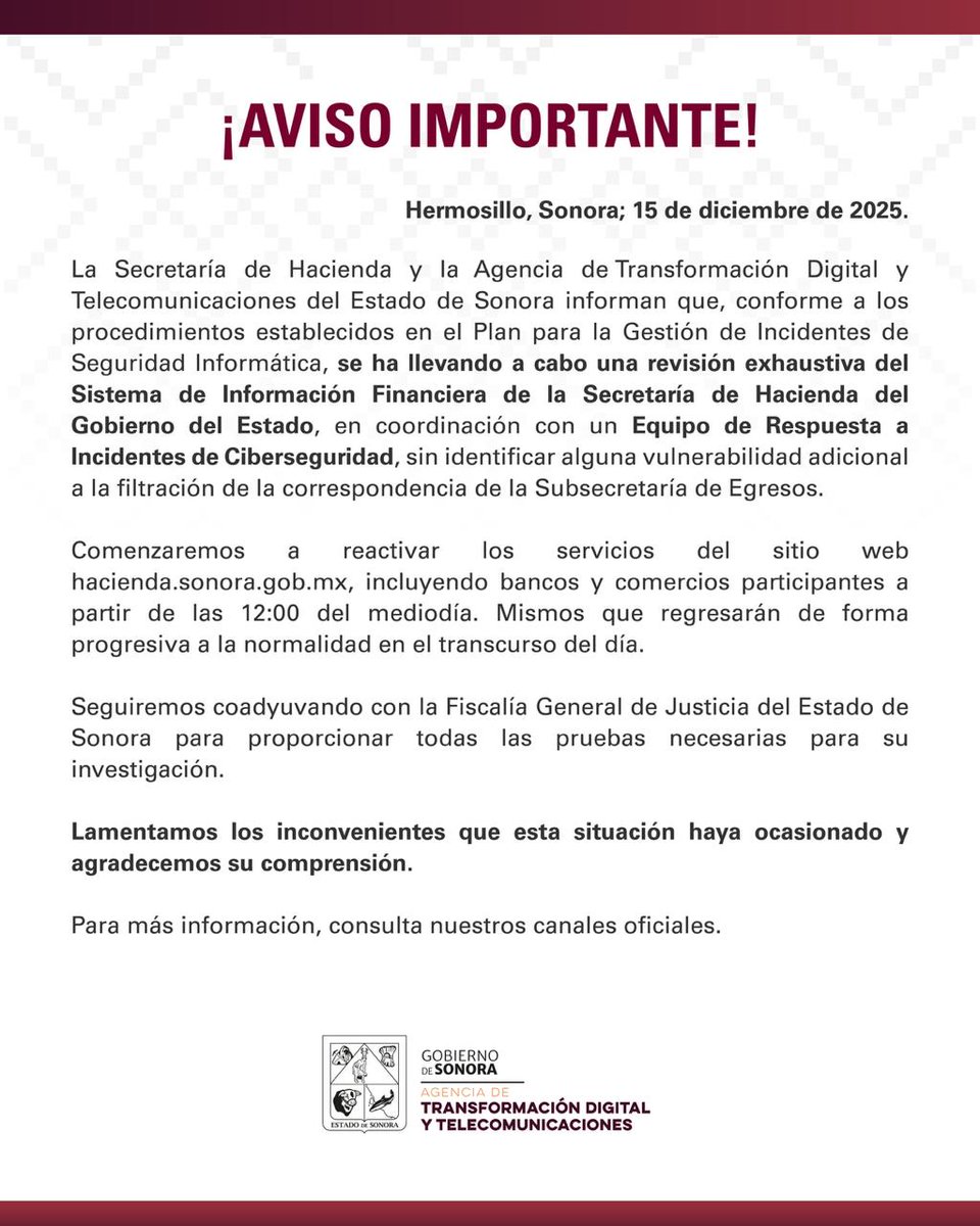 Informamos a la ciudadanía que, tras la revisión preventiva del Sistema de Información Financiera de la Secretaría de Hacienda, se iniciará la reactivación gradual de los servicios del sitio hacienda.sonora.gob.mx a partir de las 12:00 h.

Agradecemos su comprensión.
