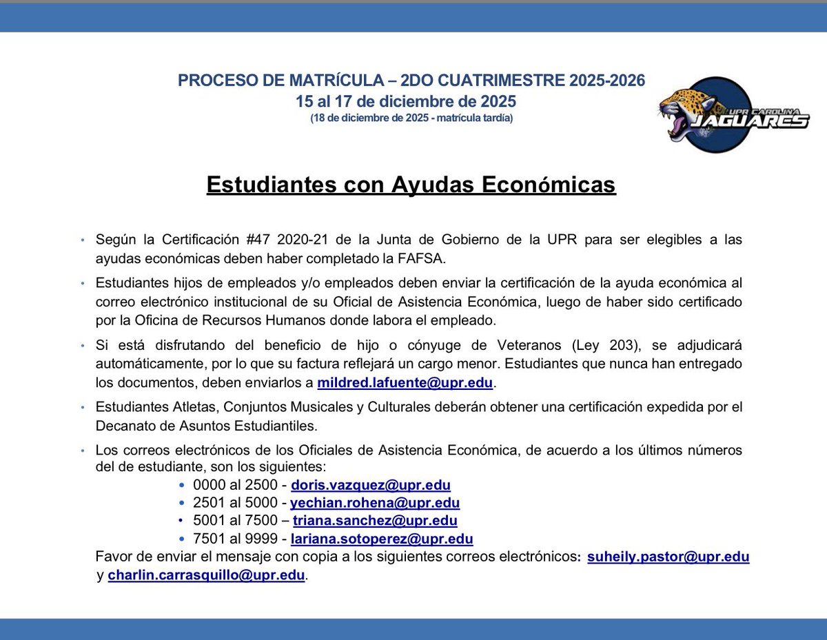 UprCarolinaCrep's tweet photo. PROCESO DE MATRÍCULA – 2DO CUATRIMESTRE 2025-2026
15 al 17 de diciembre de 2025
(18 de diciembre de 2025 - matrícula tardía) https://t.co/1N3gDgOnZt