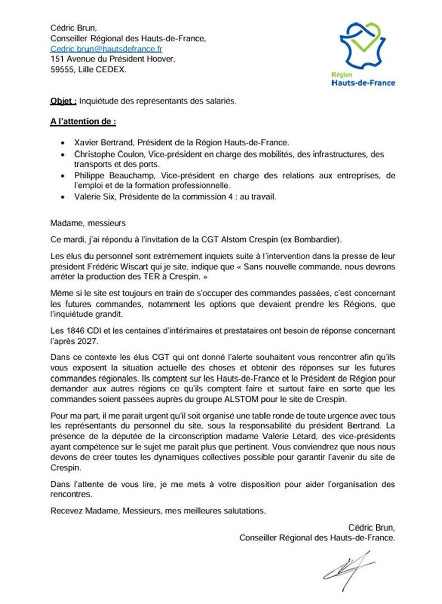 Les élus du personnel sont extrêmement inquiets suite à l’intervention dans la presse de leur président Frédéric Wiscart. 
J’ai décidé d'en informer <a href="/xavierbertrand/">Xavier Bertrand</a> en accord avec la Cgt-Alstom 
Le syndicat  Sud Alstom Crespin se joint à l’action en interpellant les Régions.