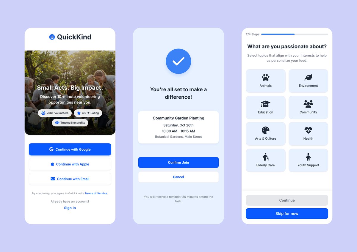 exemplary_boy12's tweet photo. My entry for the @dreamaxhq Moonchild AI design challenge.
QuickKind, a mobile app for 10-minutes volunteering opportunities happening nearby.
It was created entirely using https://t.co/aj0sex5ysq. The goal is to make volunteering simple, fast and rewarding.
#moonchildai #UIUX https://t.co/mW7qb0EvRY