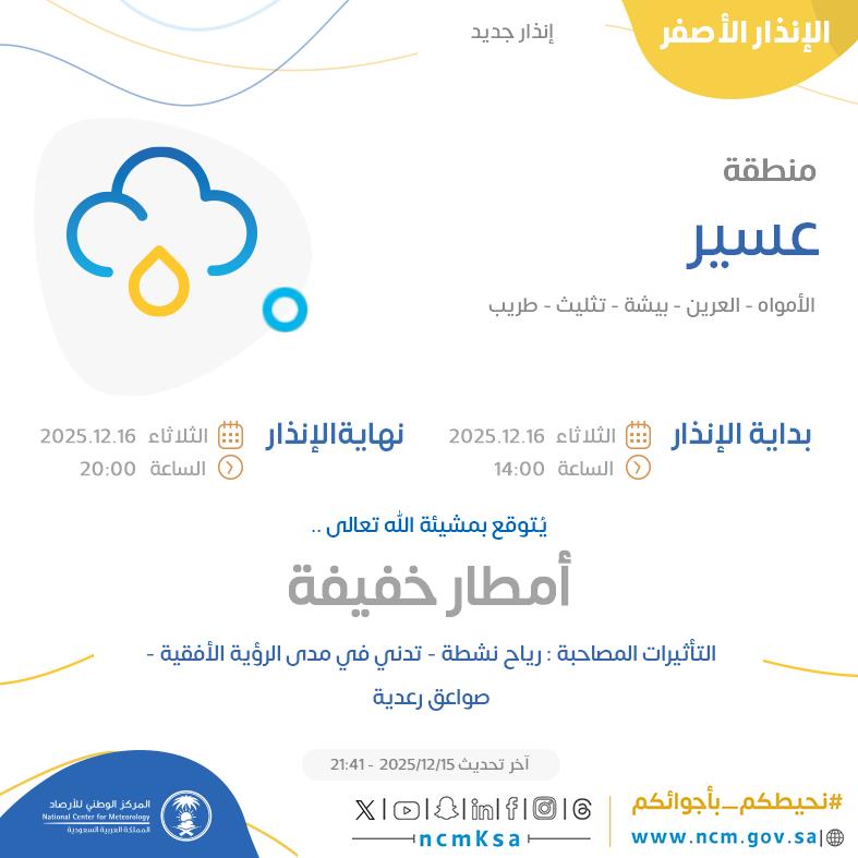 NCMKSA's tweet photo. الإنذار الأصفر - #منطقة_عسير - #الأمواه #العرين #بيشة #تثليث  ...+0 

للتفاصيل  https://t.co/uPu2RxSoeL 

#الإنذار_المبكر #طقس_السعودية
#المركز_الوطني_للأرصاد https://t.co/eIAkiTiXr9