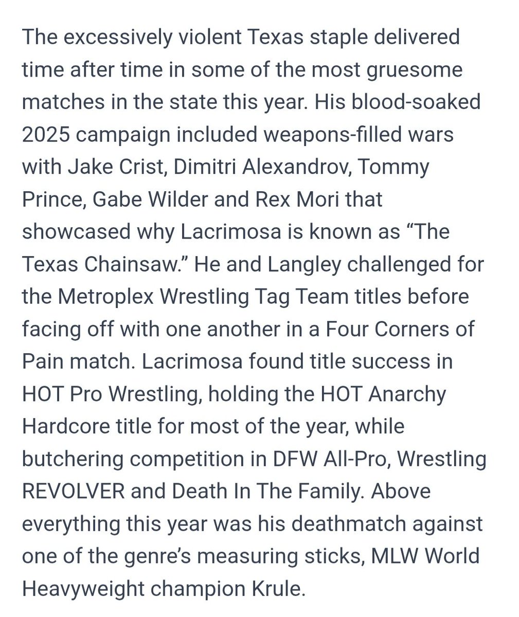 skydelacrimosa's tweet photo. ANOTHER YEAR, ANOTHER @outsports QWI TOP 200 PLACING! I'M HONORED TO BE NUMBER 86 THIS YEAR, AMONG SOME AMAZING COMPANY! FIVE YEARS ON THIS LIST, HERE'S TO BREAKING THE TOP 50 NEXT YEAR!

#QWI
#PROFESSIONALWRESTLING
#EXCESSIVEVIOLENCE https://t.co/qLYqnE3VLJ