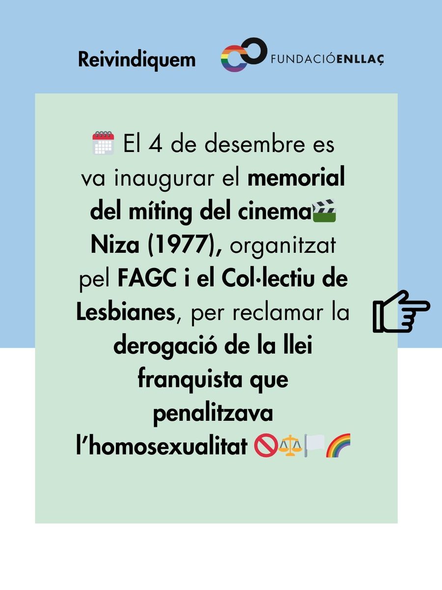 fundacio_enllac's tweet photo. 2/3) 📅 El 2 de desembre es va inaugurar el memorial del míting del cinema Niza (1977) 🎬 organitzat pel FAGC i el Col·lectiu de Lesbianes 👭per reclamar la derogació de la llei franquista 🚫 que penalitzava l’homosexualitat ⛓️ #personesgranslgtbi #memoriahistòrica #lgtbi #fagc https://t.co/vg7oKoCp4B