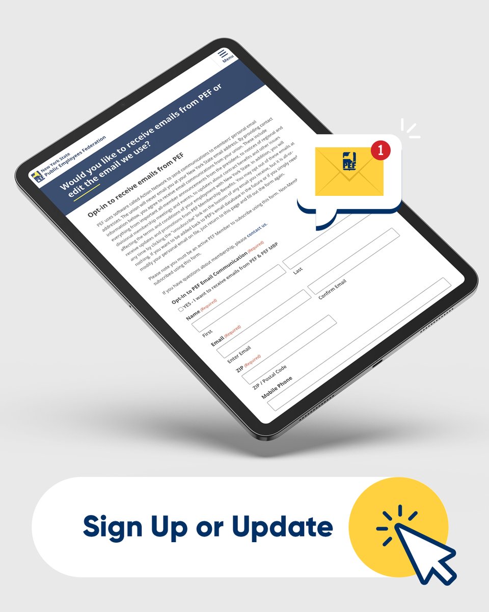 NYSPEF's tweet image. Not receiving PEF emails? If you opted out, you need to opt back in!

Please fill out the form below so we have permission to contact you. You can also use the form to update your personal email, cell phone, or any other contact info. Thank you!

pef.org/emailme/