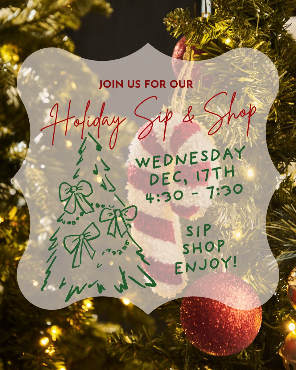 Sip, shop, and cross everyone off your holiday list. 🎄✨

Join us for a Sip &amp; Shop
🗓 Wednesday, Dec 17
⏰ 4:30–7:30 PM

Enjoy a free drink ticket, extended bistro hours, and personal shoppers ready to help you find the perfect gifts.