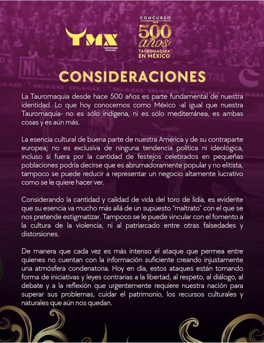 TauromaquiaTMX's tweet photo. Buscamos gente creativa y mentes inquietas que quieran reflexionar y crear en torno a 5 siglos de historia, cultura e identidad en México. #Consideraciones https://t.co/cIj9IGR2wy