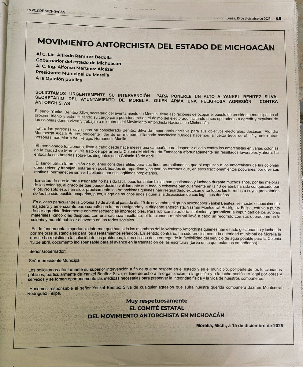 atom2616's tweet photo. #MichoacanosExigenRespeto 
A toda la opinión pública, que se enteren del hostigamiento por parte del secretario del ayuntamiento de Morelia. https://t.co/kq3Hikckem