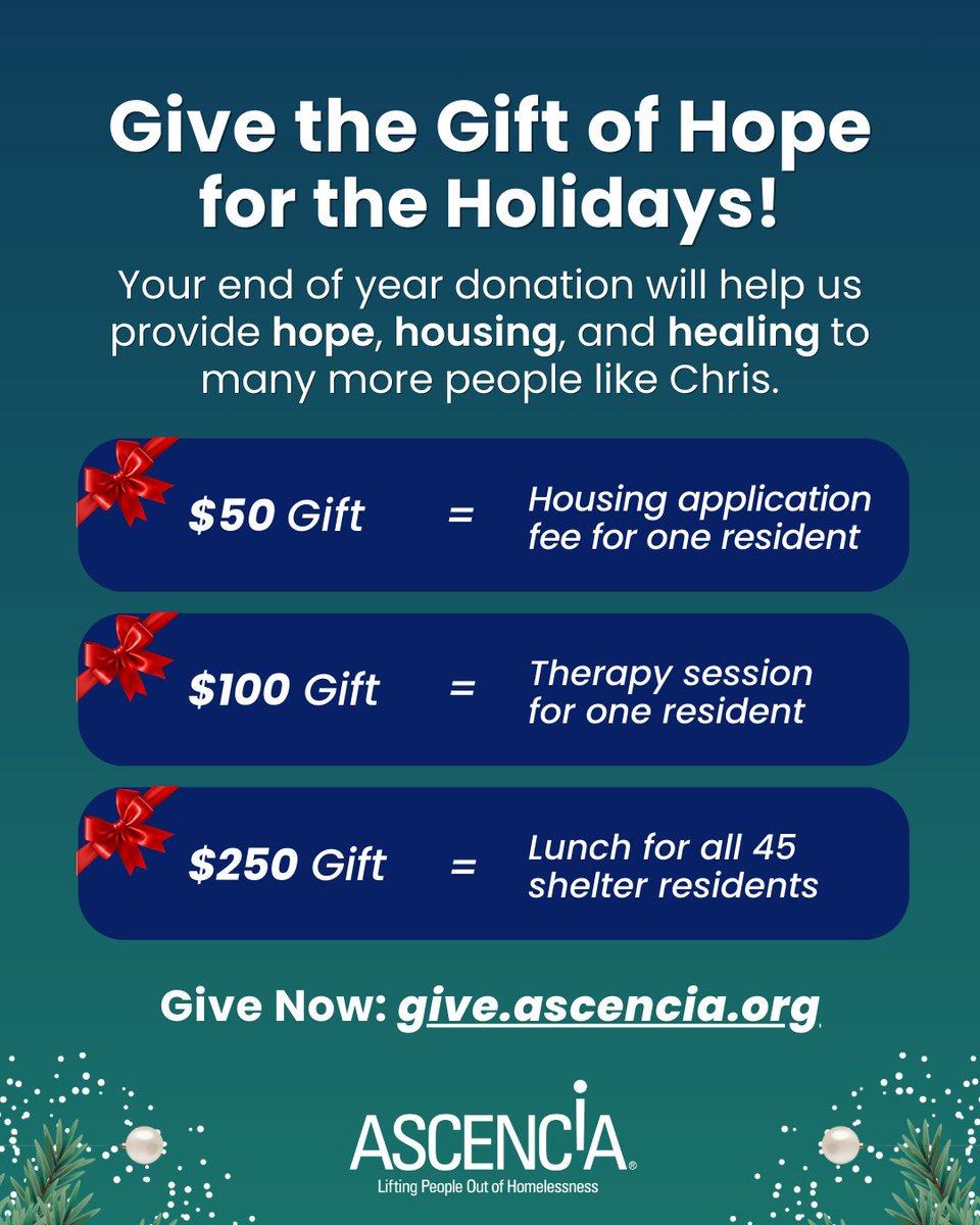 Good news, Chris is home for the holidays! 🏠 

You can help us provide hope, housing, and healing to many more people like Chris by donating to Ascencia today. Our goal is to raise $75,000 by the end of the year, and we're halfway there! 

Give now at give.ascencia.org.